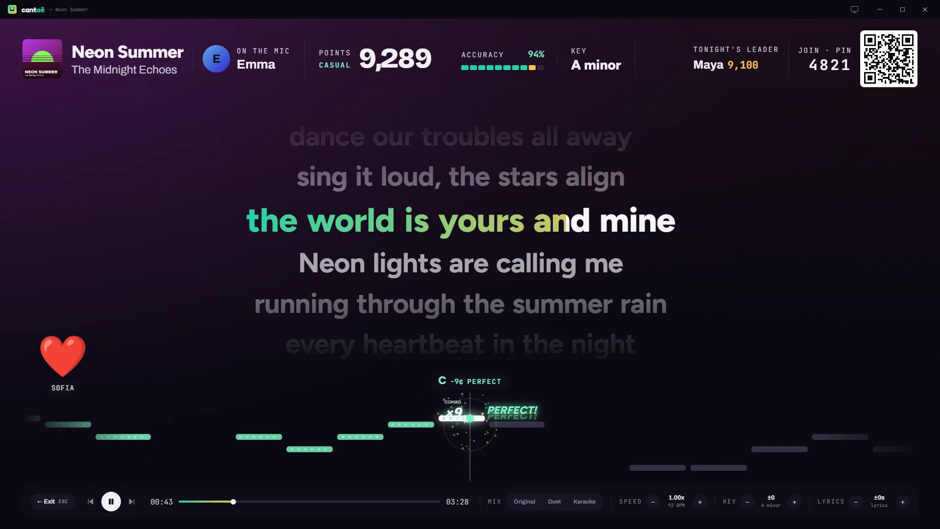 Karaoke: Lyrics word by word across the screen, live Pitch Scoring, the points and the night's leader in one bar on top.