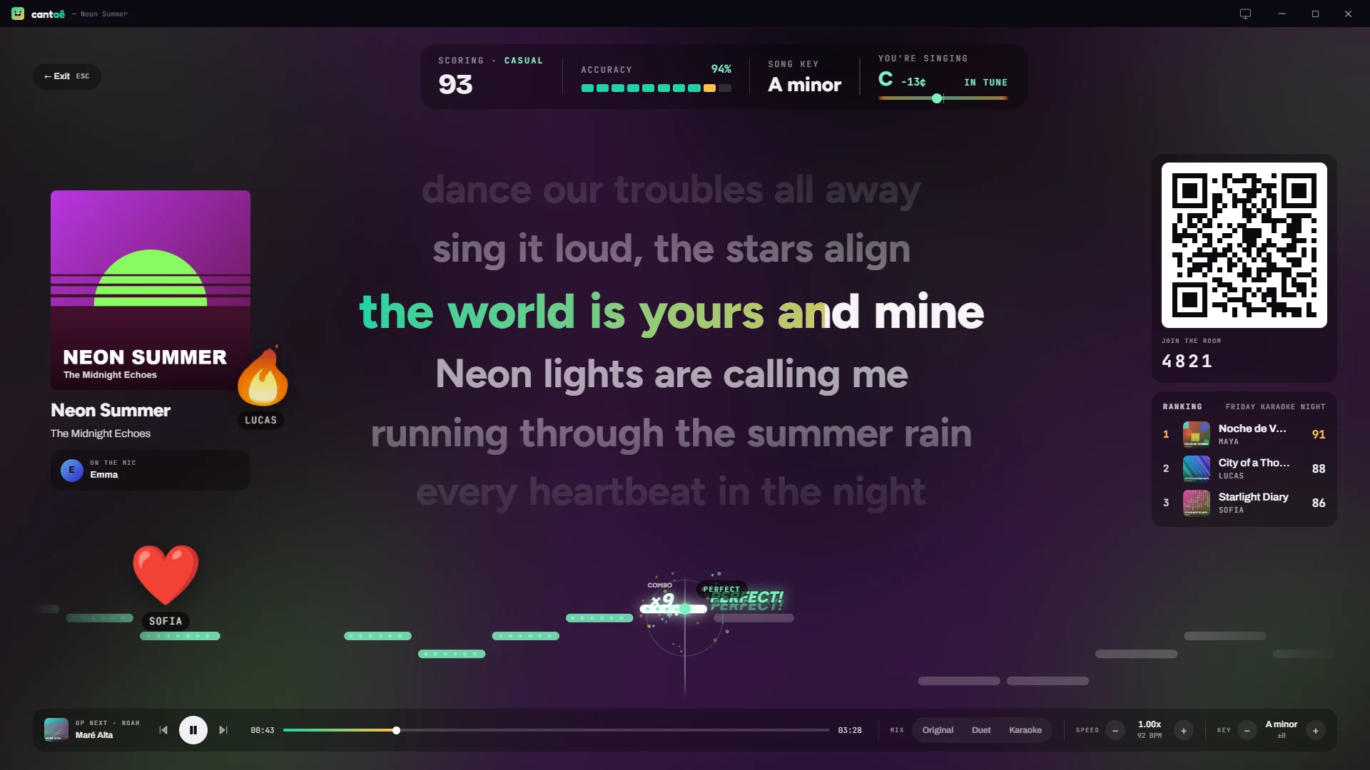 Karaoke: Lyrics word by word over the song's cover, live Pitch Scoring and the session ranking.