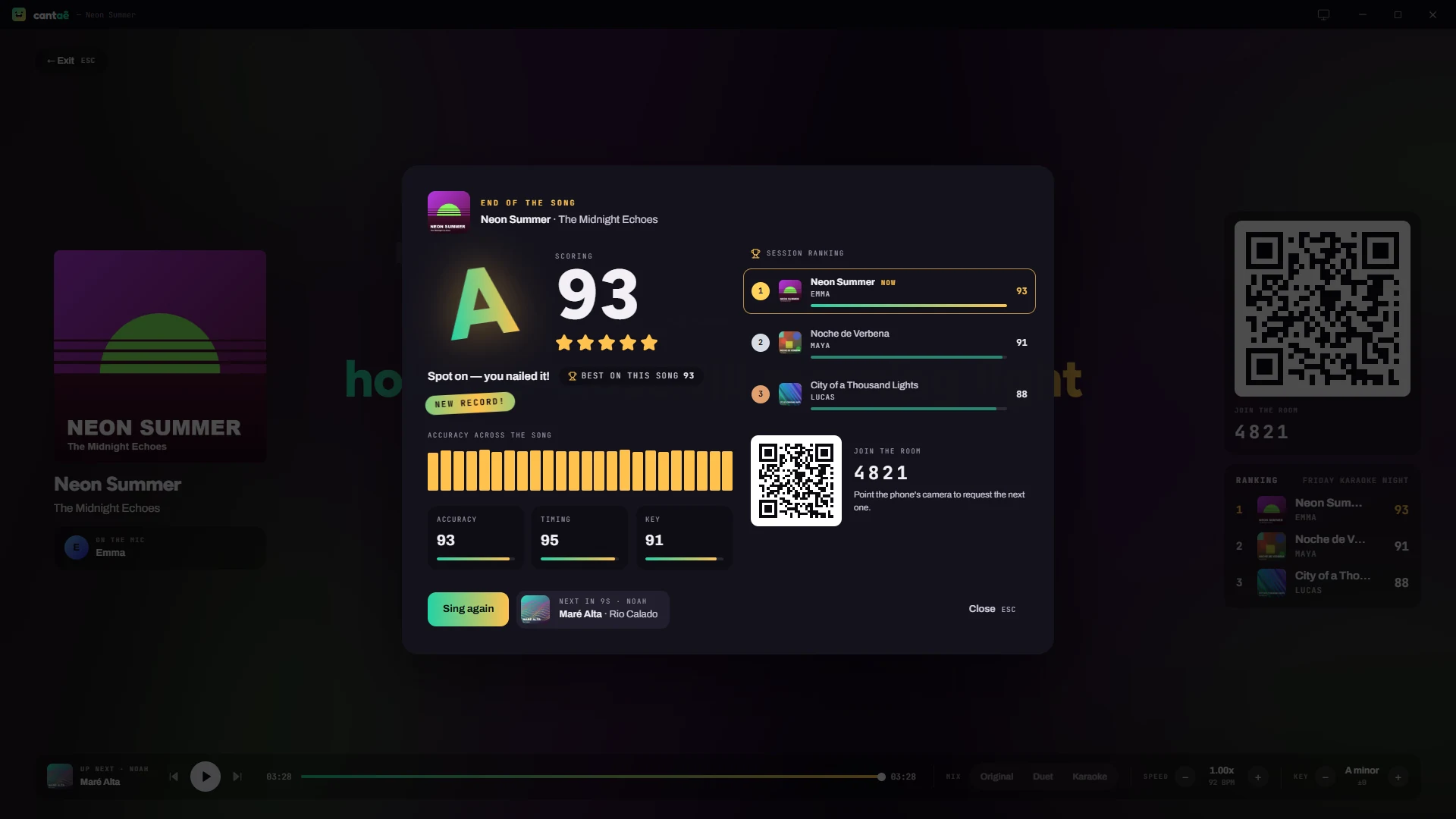 Results: A grade from A to E, stars, the accuracy across the song and who's leading the night.