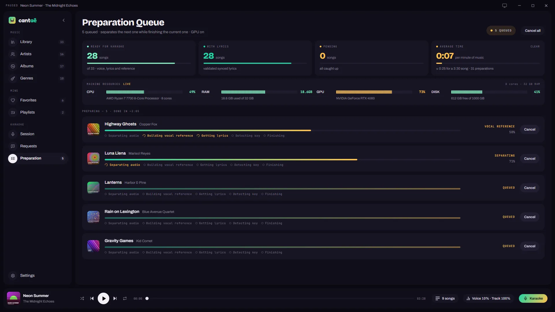 Preparation: Each song's separation, lyrics and key, step by step, with your computer's CPU and GPU live.