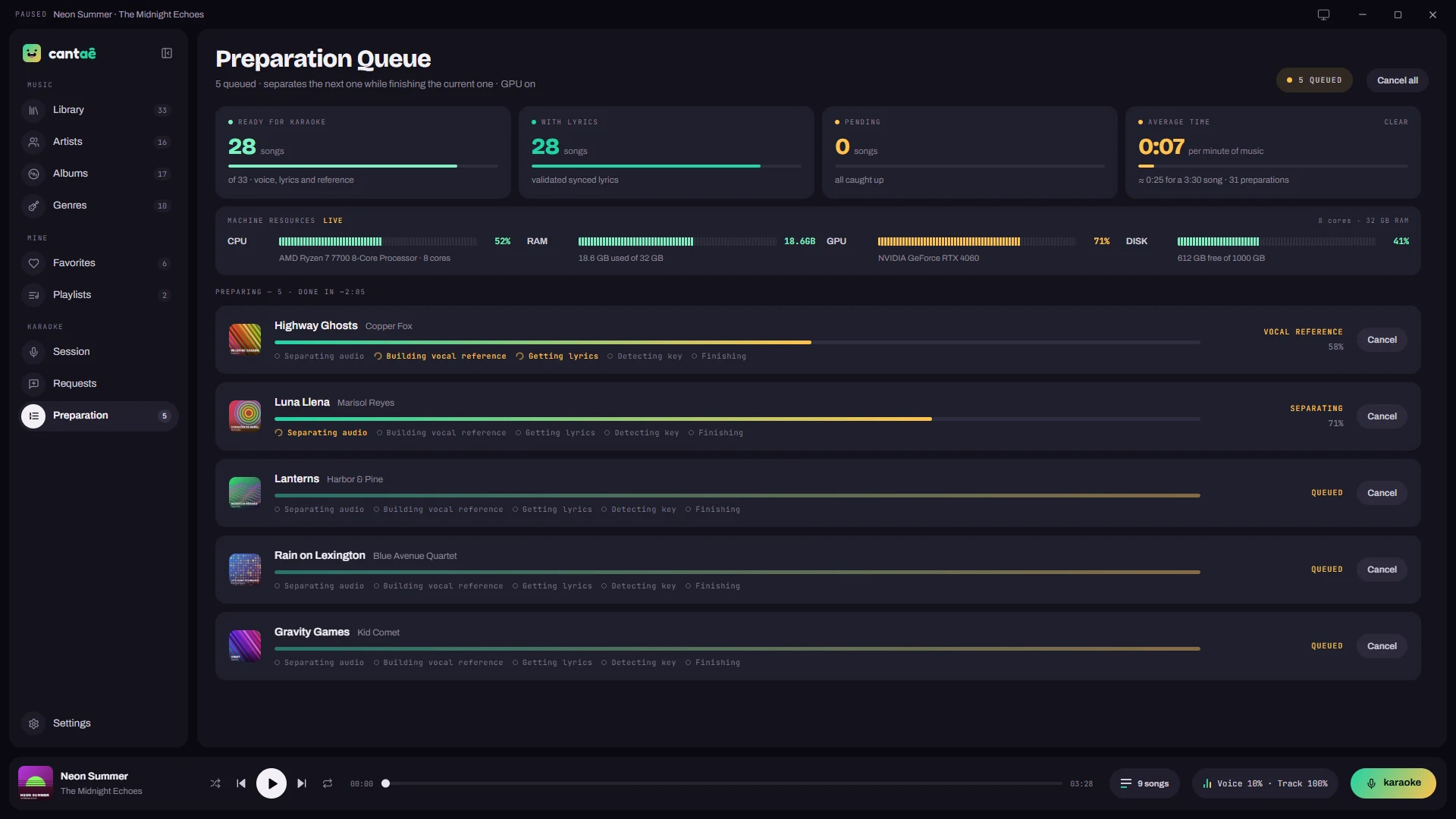 Preparation: Each song's separation, lyrics and key, step by step, with your computer's CPU and GPU live.